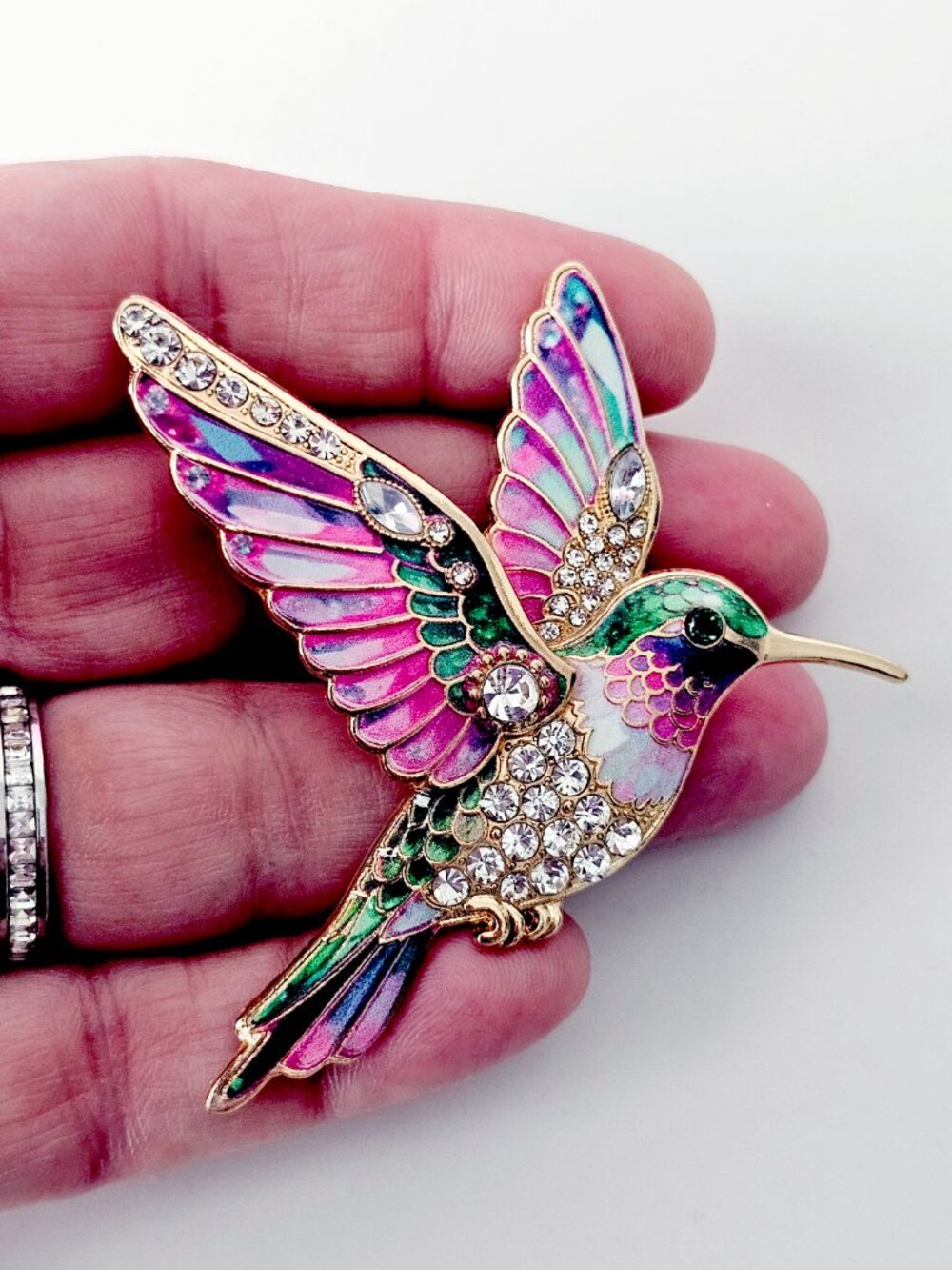 Vibrant Enamel & Rhinestone Hummingbird Brooch - Picture 4 of 6